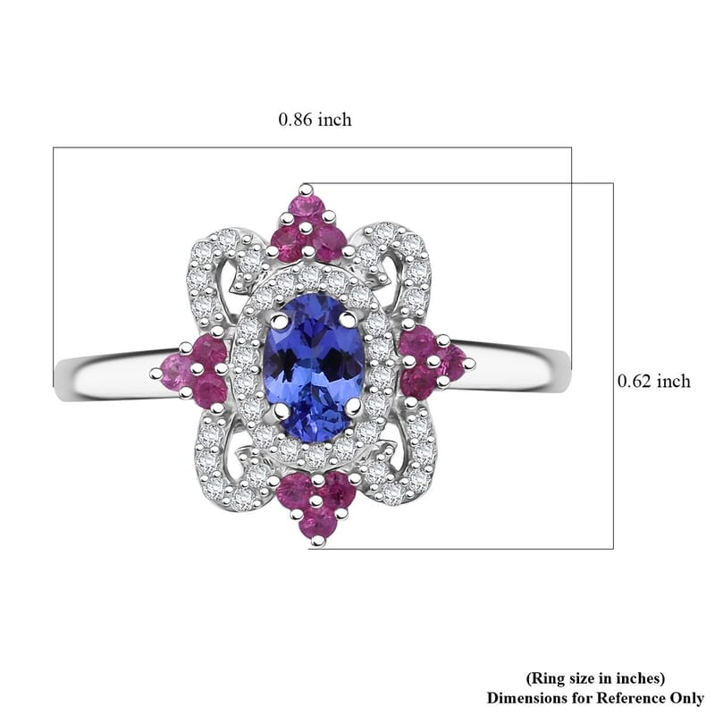 AAA Tanzanite and Multi Gemstone 0.90 ctw Petal Halo Ring in Rhodium Over Sterling Silver (Size 10.0)