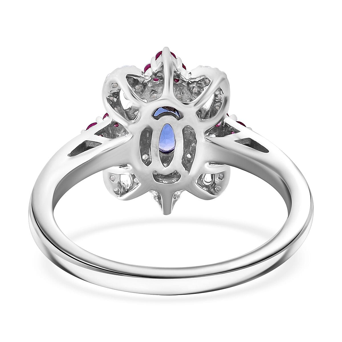 AAA Tanzanite and Multi Gemstone 0.90 ctw Petal Halo Ring in Rhodium Over Sterling Silver (Size 5.0) image number 4