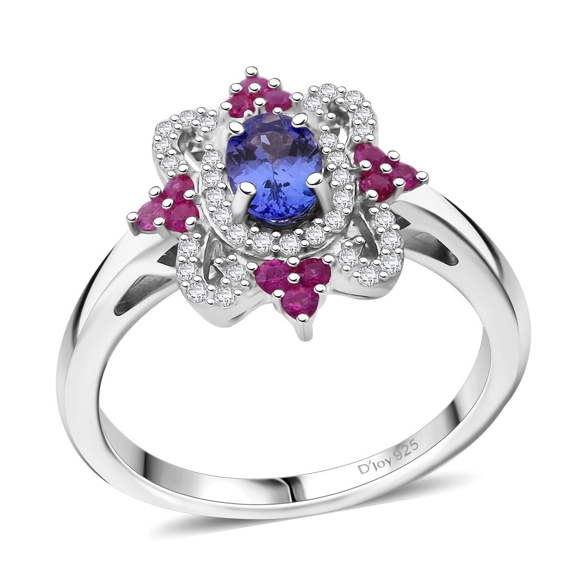 AAA Tanzanite and Multi Gemstone 0.90 ctw Petal Halo Ring in Rhodium Over Sterling Silver (Size 8.0) image number 0