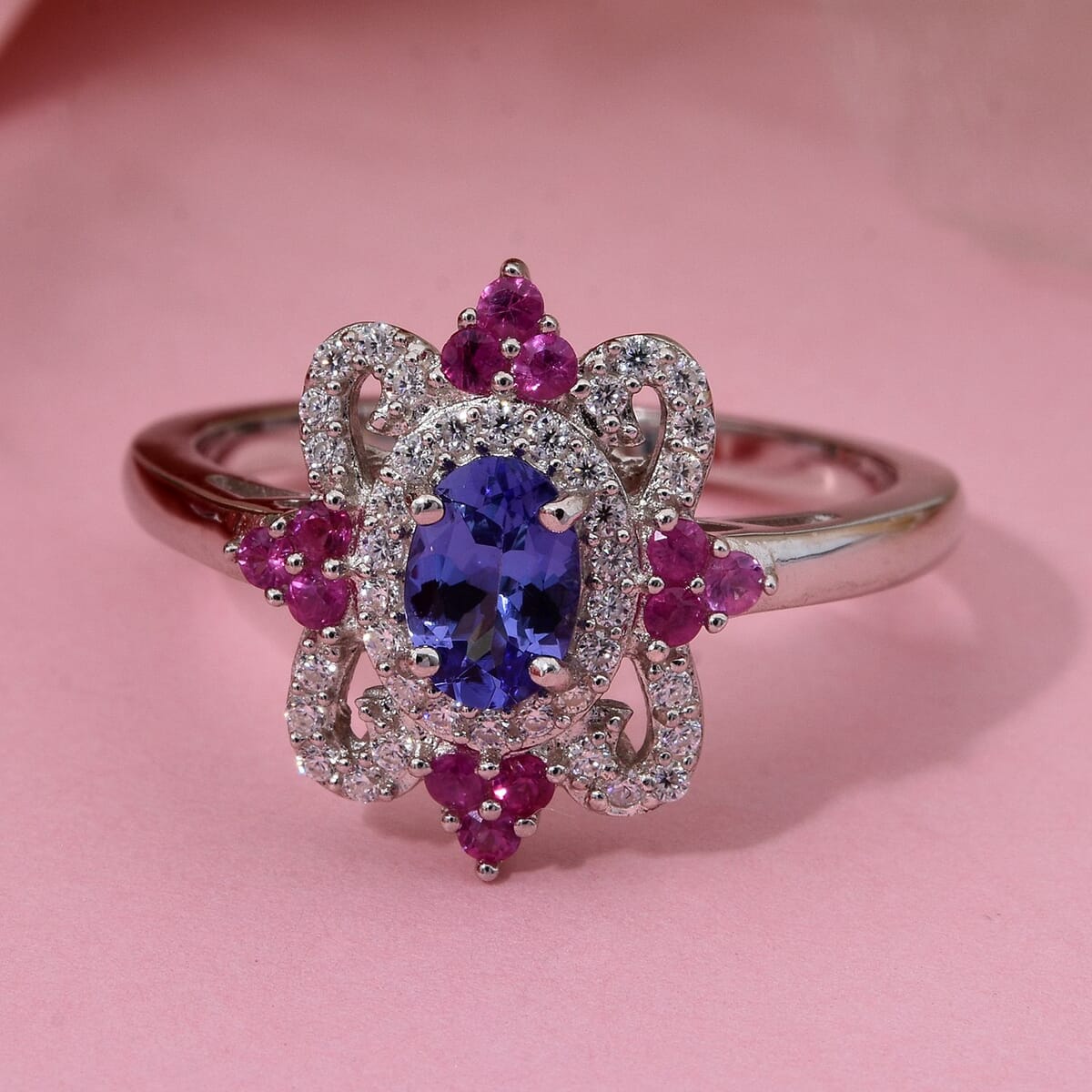 AAA Tanzanite and Multi Gemstone 0.90 ctw Petal Halo Ring in Rhodium Over Sterling Silver (Size 8.0) image number 1