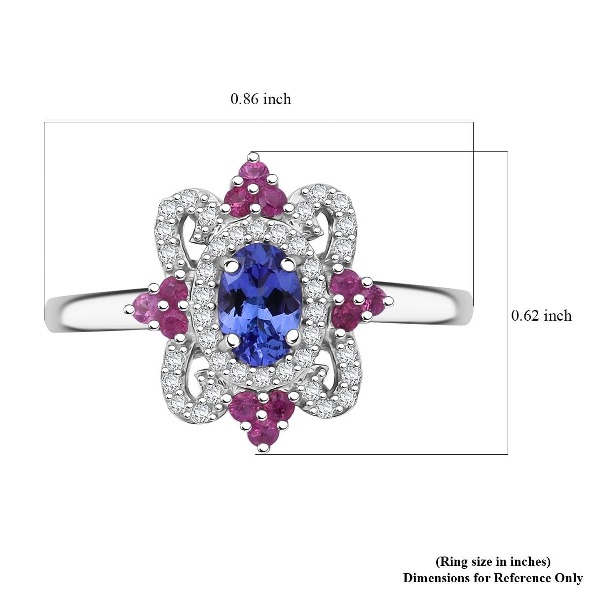AAA Tanzanite and Multi Gemstone 0.90 ctw Petal Halo Ring in Rhodium Over Sterling Silver (Size 8.0) image number 5
