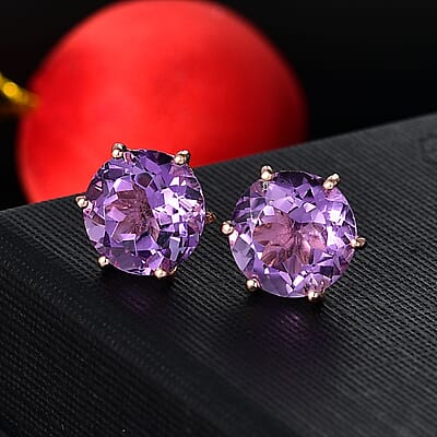 D'Joy Rose De France Amethyst 7.50 ctw Solitaire Stud Earrings in 18K Vermeil RG Over Sterling Silver