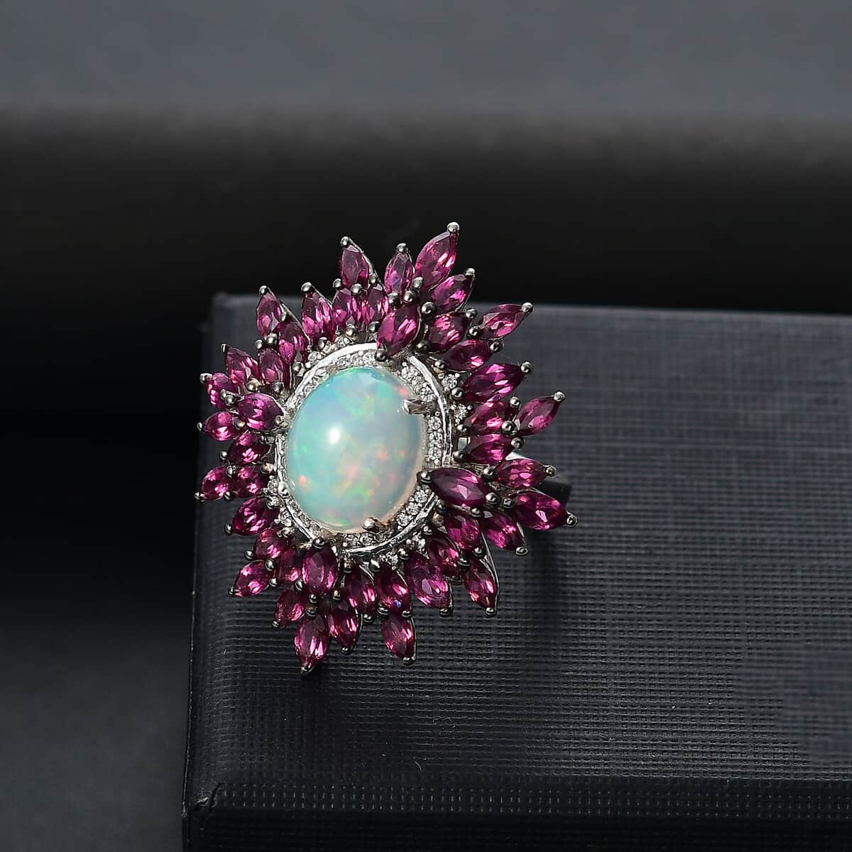 Ethiopian Welo Opal and Multi Gemstone 8.60 ctw Floral Ring in Rhodium Over Sterling Silver (Size 10.0) image number 1