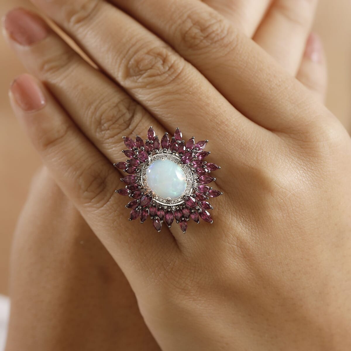 Ethiopian Welo Opal and Multi Gemstone 8.60 ctw Floral Ring in Rhodium Over Sterling Silver (Size 6.0) image number 2