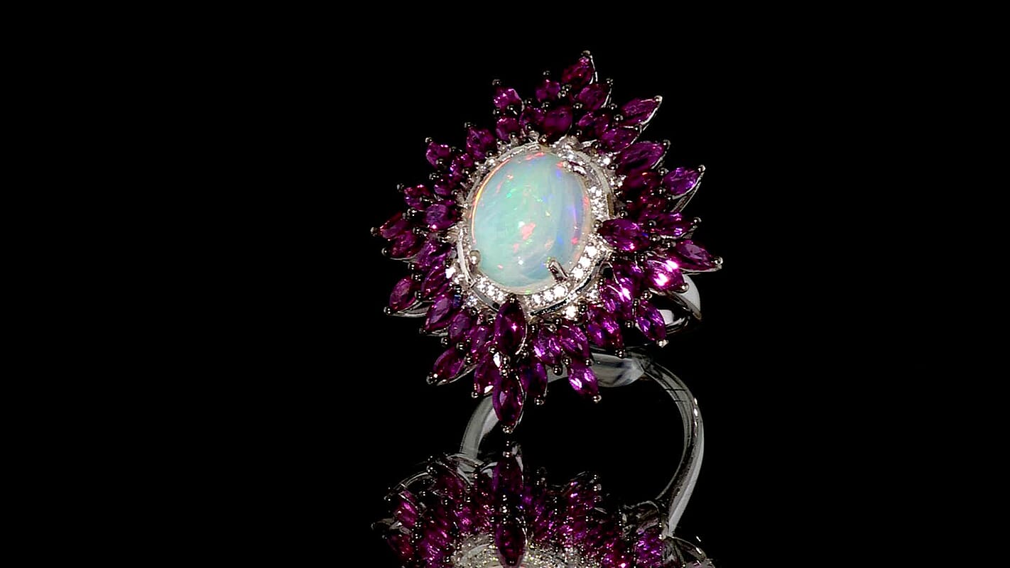 Ethiopian Welo Opal and Multi Gemstone 8.60 ctw Ring in Rhodium Over Sterling Silver (Size 10.0)