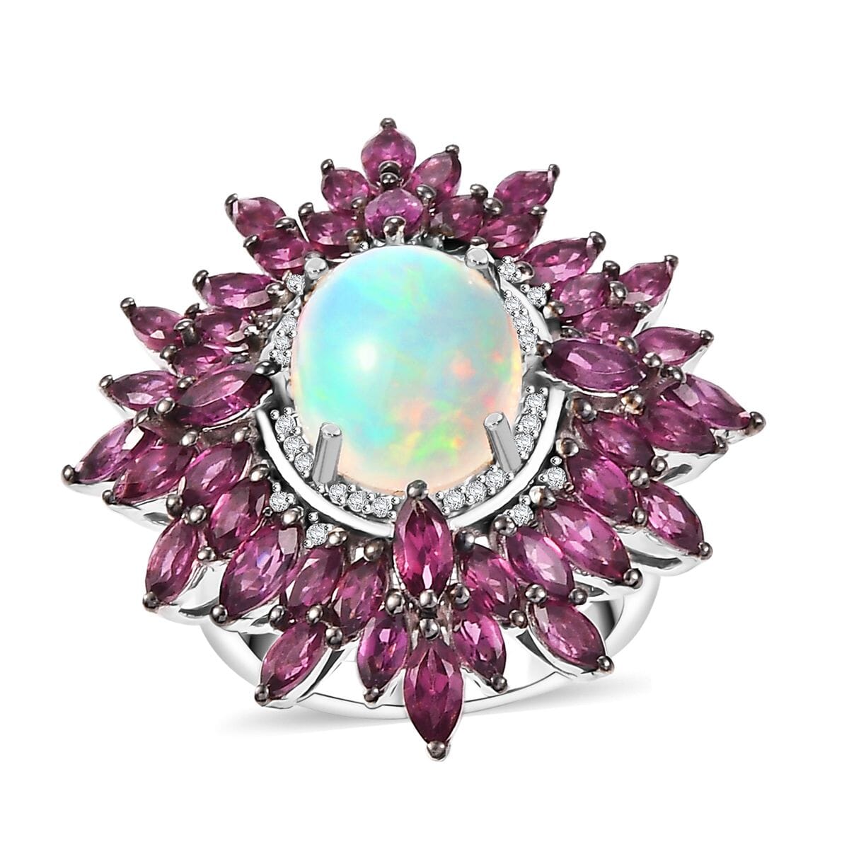 Ethiopian Welo Opal and Multi Gemstone 8.60 ctw Floral Ring in Rhodium Over Sterling Silver (Size 8.0) image number 0
