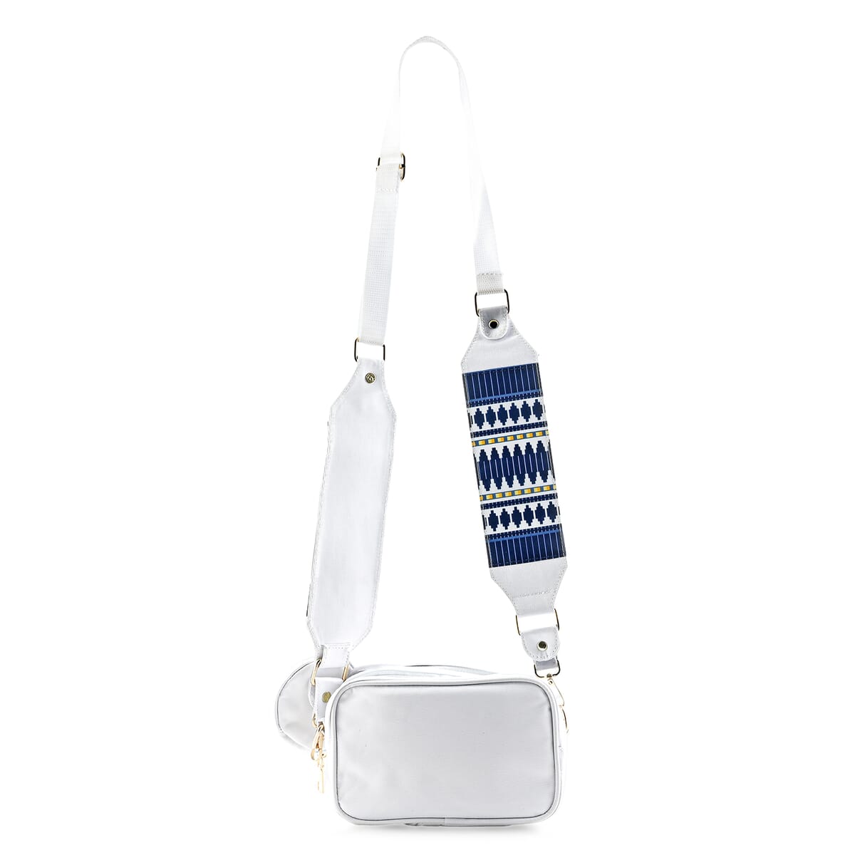 White Intricate Tribal Pattern Pochette Belt Handbag with Flap Pocket image number 0