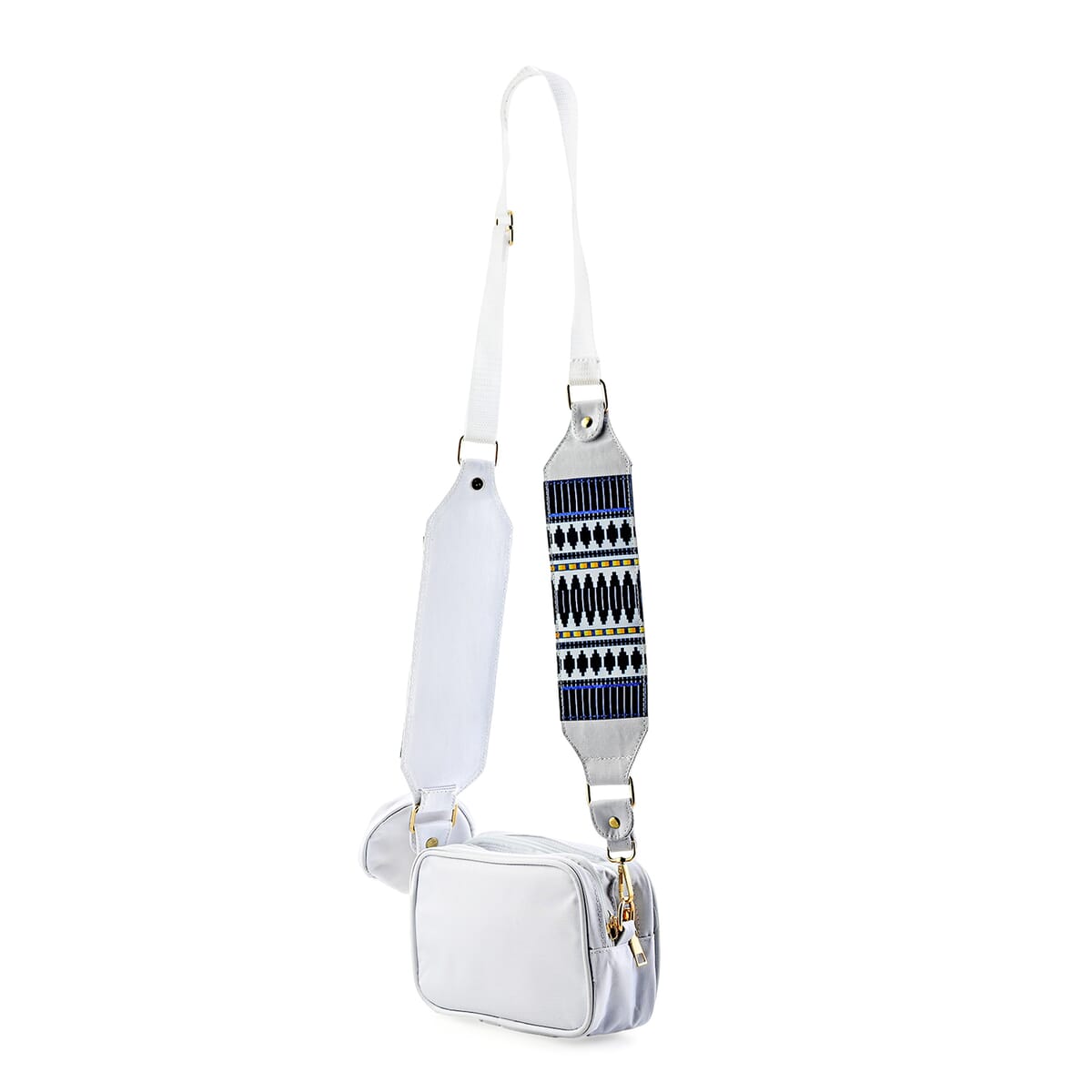White Intricate Tribal Pattern Pochette Belt Handbag with Flap Pocket image number 1