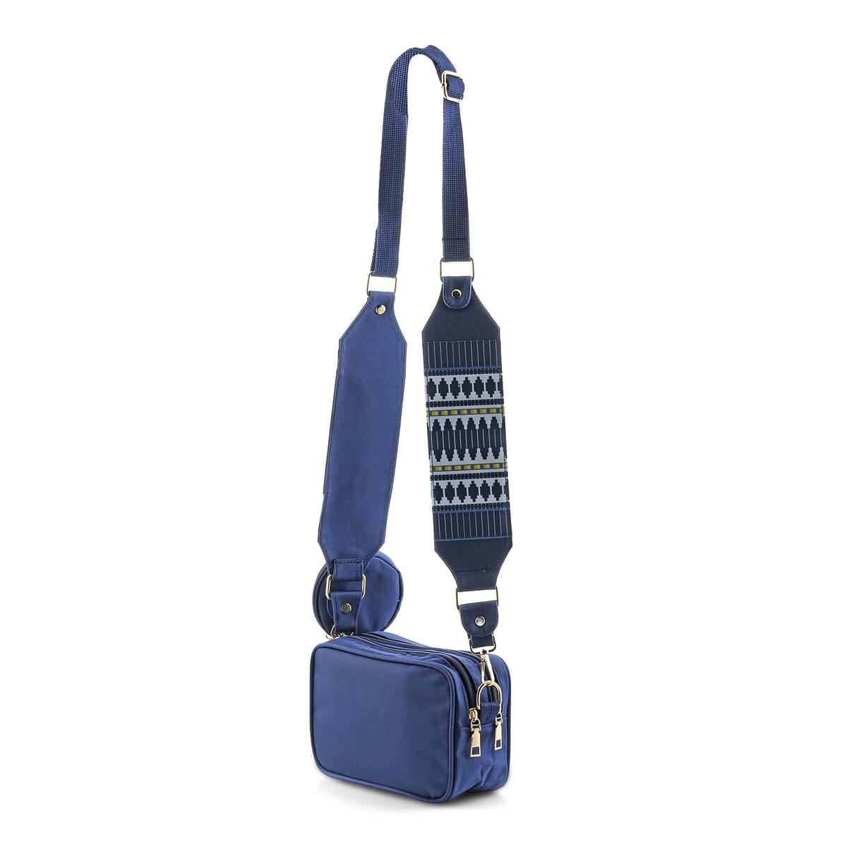 Navy Intricate Tribal Pattern Pochette Belt Handbag with Flap Pocket image number 1