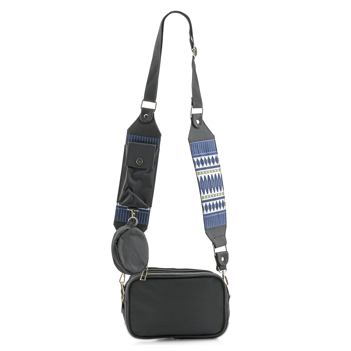 Black Intricate Tribal Pattern Pochette Belt Handbag with Flap Pocket image number 0