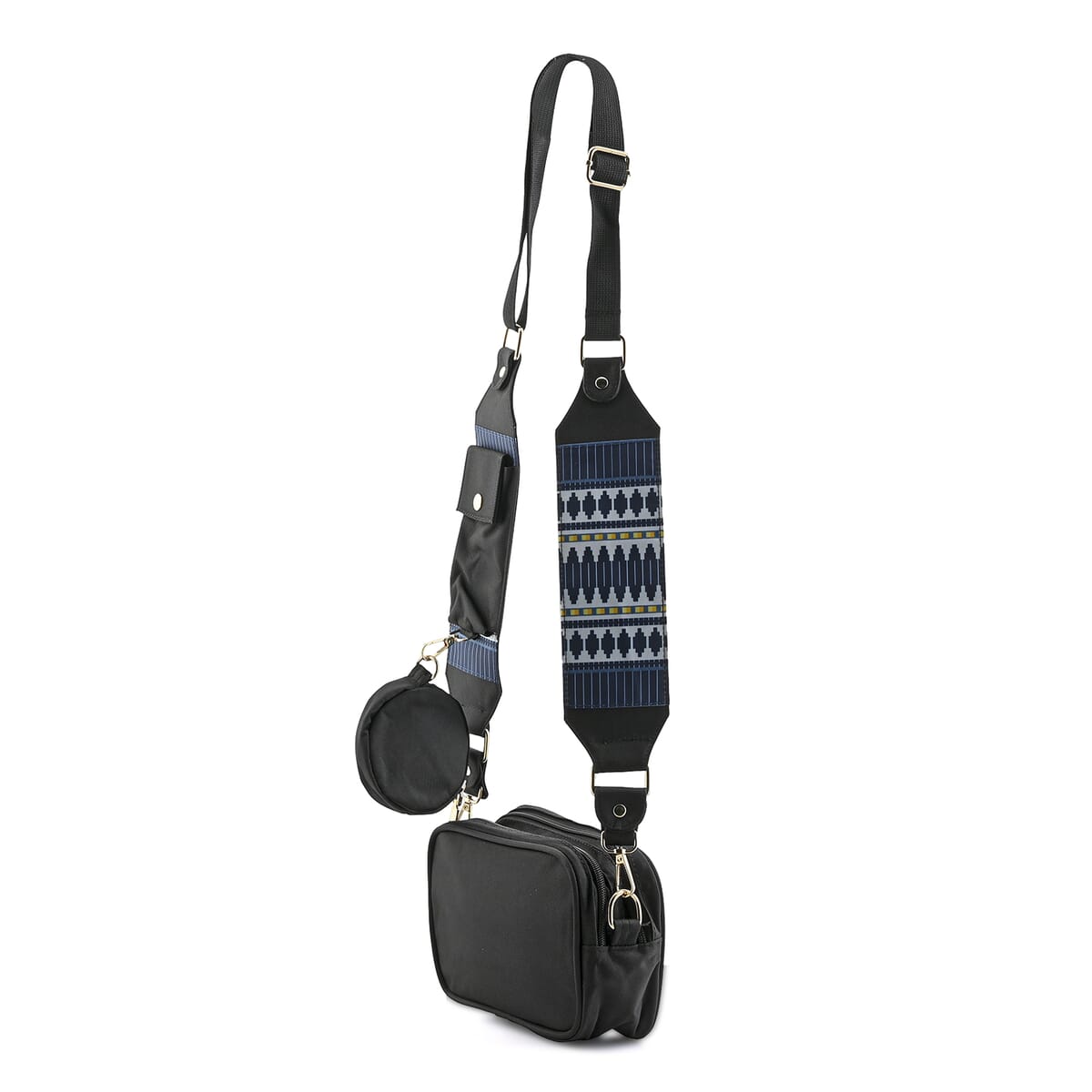 Black Intricate Tribal Pattern Pochette Belt Handbag with Flap Pocket image number 1