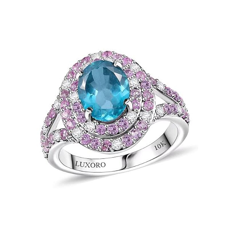 Luxoro AAA Betroka Blue Apatite, Madagascar Pink Sapphire and White Diamond I2 3.10 ctw Double Halo Ring in 10K White Gold (Size 10.0)