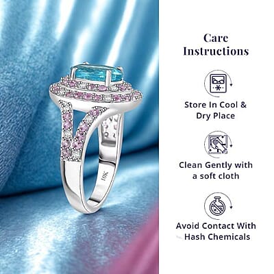 Luxoro AAA Betroka Blue Apatite, Madagascar Pink Sapphire and White Diamond I2 3.10 ctw Double Halo Ring in 10K White Gold (Size 10.0)