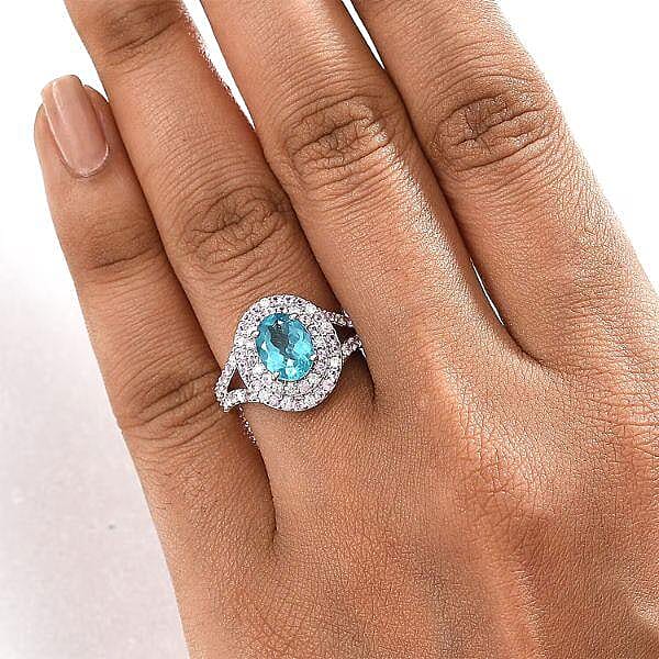 Luxoro 10K White Gold AAA Betroka Blue Apatite, Madagascar Pink Sapphire and White Diamond (I2) (0.30 cts) Double Halo Ring (Size 10.5) 3.90 ctw