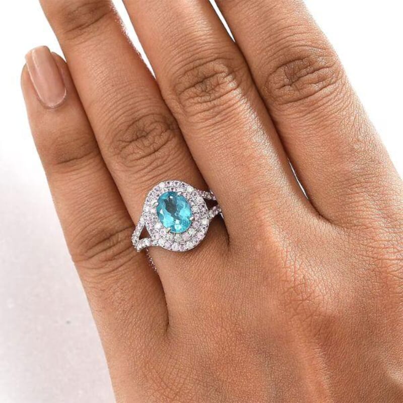 Luxoro 10K White Gold AAA Betroka Blue Apatite, Madagascar Pink Sapphire and White Diamond (I2) (0.30 cts) Double Halo Ring (Size 10.5) 3.90 ctw
