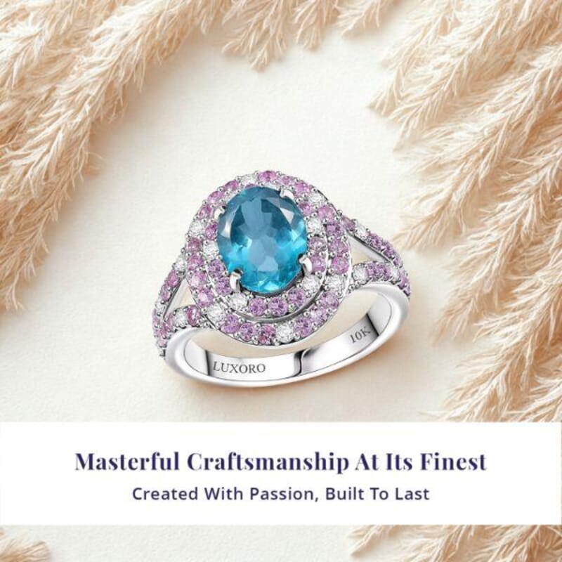 Luxoro 10K White Gold AAA Betroka Blue Apatite, Madagascar Pink Sapphire and White Diamond (I2) (0.30 cts) Double Halo Ring (Size 10.5) 3.90 ctw
