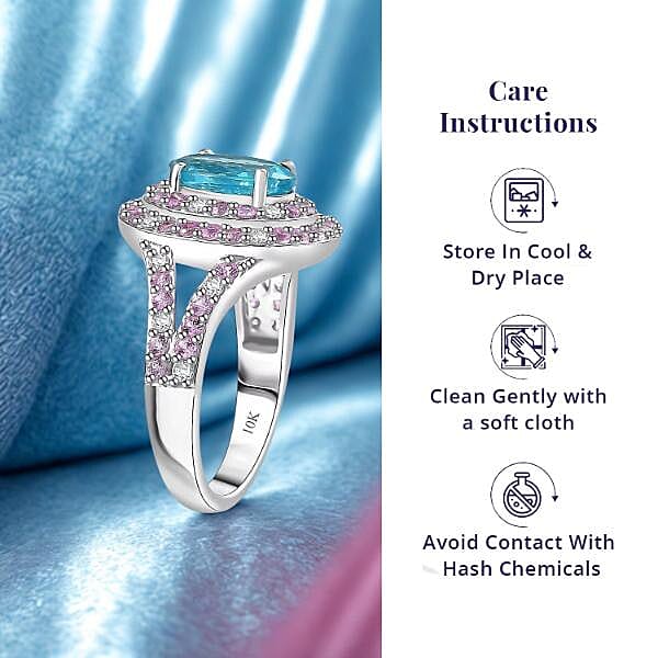 Luxoro 10K White Gold AAA Betroka Blue Apatite, Madagascar Pink Sapphire and White Diamond (I2) (0.30 cts) Double Halo Ring (Size 10.5) 3.90 ctw