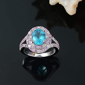 Luxoro 10K White Gold AAA Betroka Blue Apatite, Madagascar Pink Sapphire and White Diamond (I2) (0.30 cts) Double Halo Ring (Size 11.0) 3.90 ctw