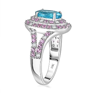 Luxoro 10K White Gold AAA Betroka Blue Apatite, Madagascar Pink Sapphire and White Diamond (I2) (0.30 cts) Double Halo Ring (Size 11.0) 3.90 ctw