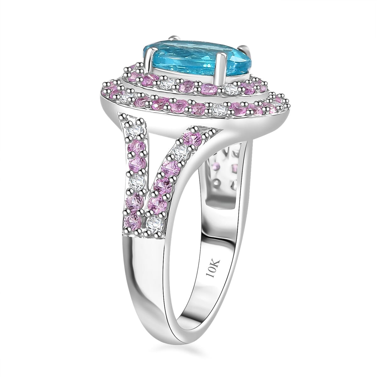 Luxoro 10K White Gold AAA Betroka Blue Apatite, Madagascar Pink Sapphire and White Diamond (I2) (0.30 cts) Double Halo Ring (Size 7.5) 3.90 ctw image number 3