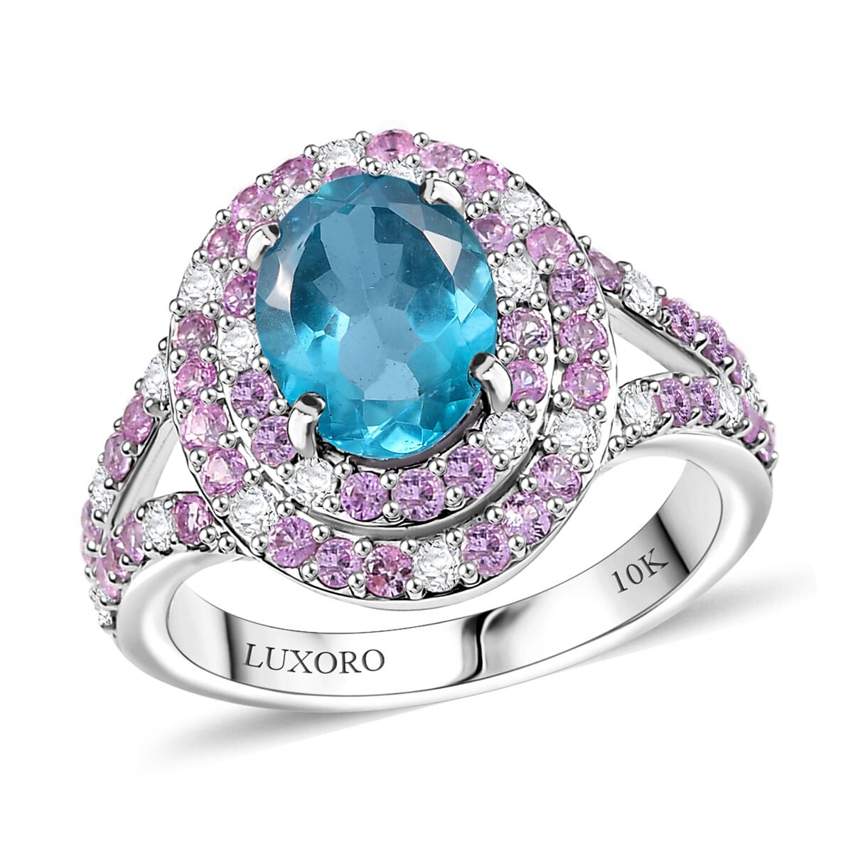 Luxoro AAA Betroka Blue Apatite, Madagascar Pink Sapphire and White Diamond I2 3.10 ctw Double Halo Ring in 10K White Gold (Size 9.0) image number 0