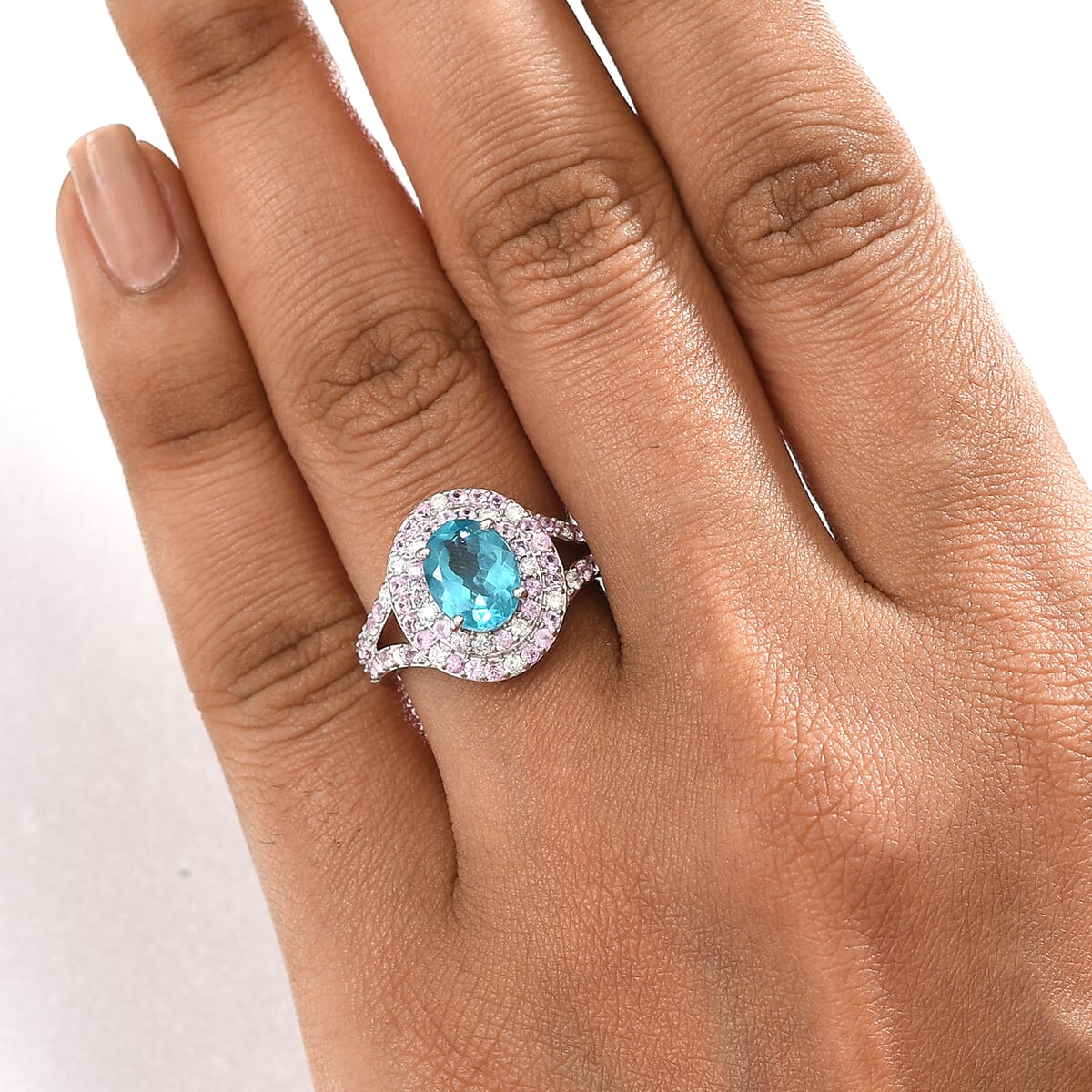 Luxoro AAA Betroka Blue Apatite, Madagascar Pink Sapphire and White Diamond I2 3.10 ctw Double Halo Ring in 10K White Gold (Size 9.0) image number 2