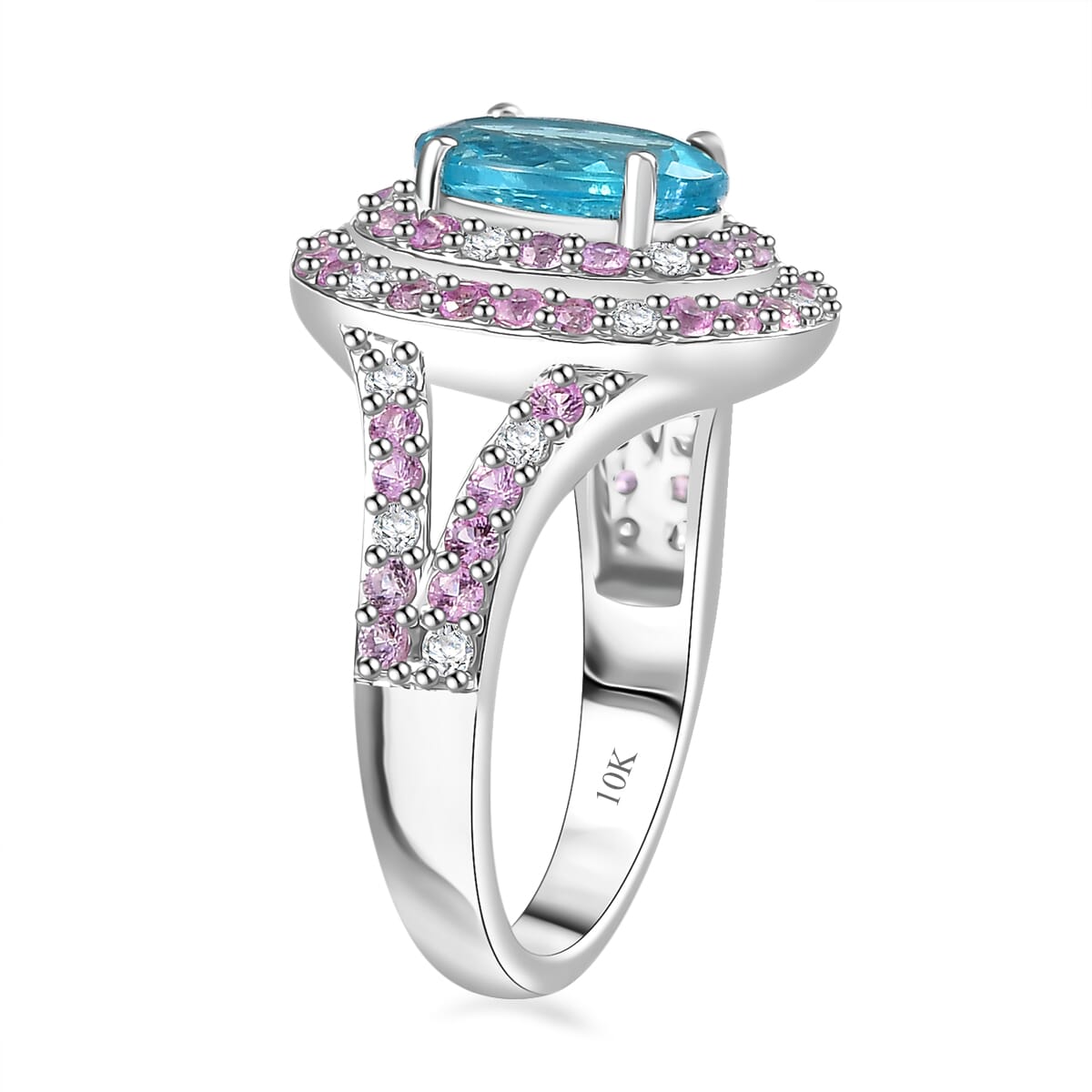 Luxoro AAA Betroka Blue Apatite, Madagascar Pink Sapphire and White Diamond I2 3.10 ctw Double Halo Ring in 10K White Gold (Size 9.0) image number 3