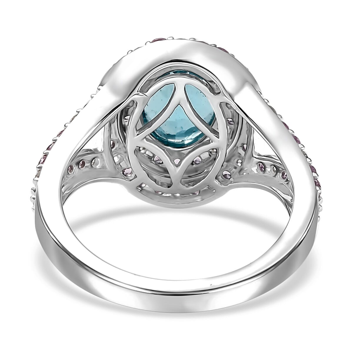 Luxoro AAA Betroka Blue Apatite, Madagascar Pink Sapphire and White Diamond I2 3.10 ctw Double Halo Ring in 10K White Gold (Size 9.0) image number 4