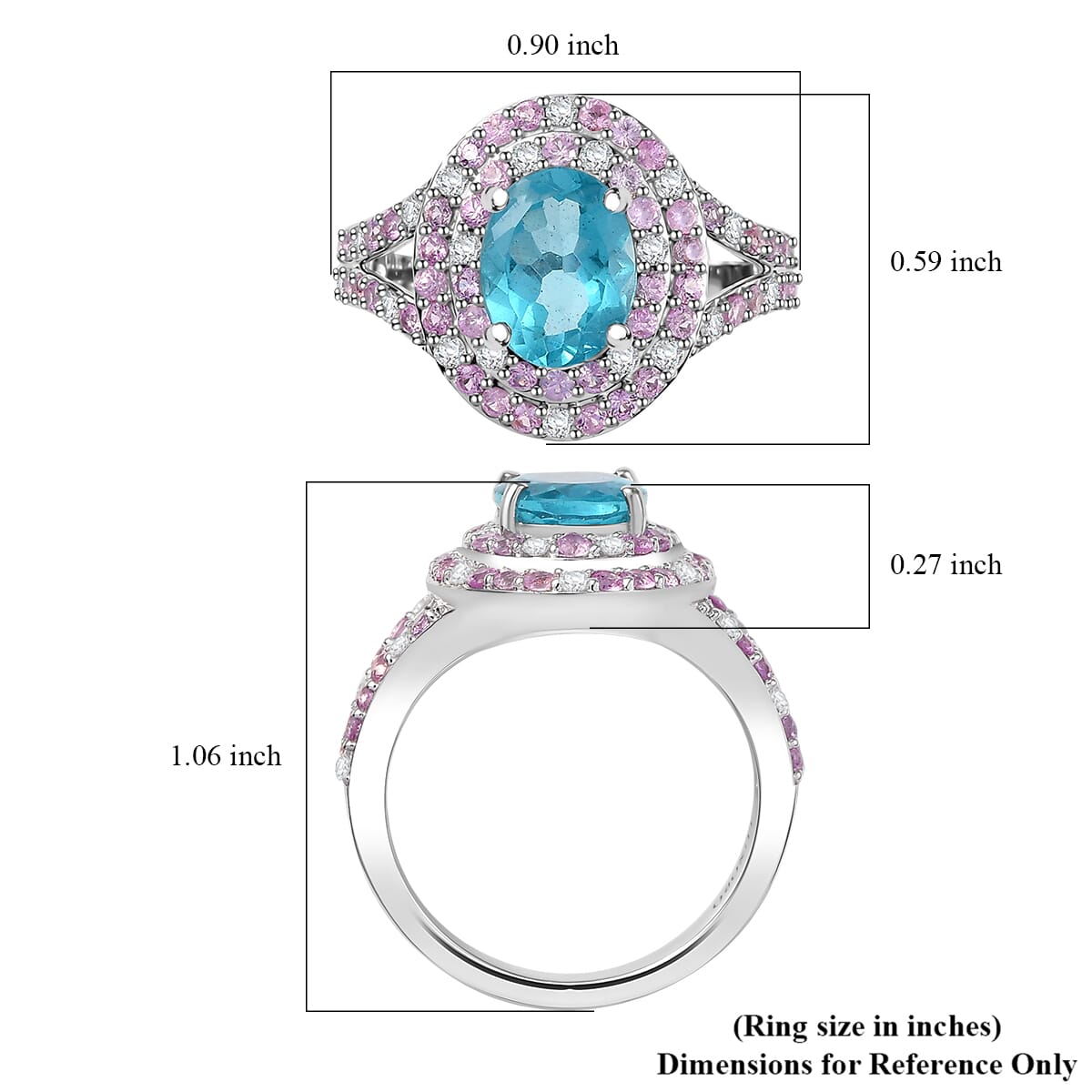 Luxoro AAA Betroka Blue Apatite, Madagascar Pink Sapphire and White Diamond I2 3.10 ctw Double Halo Ring in 10K White Gold (Size 9.0) image number 5
