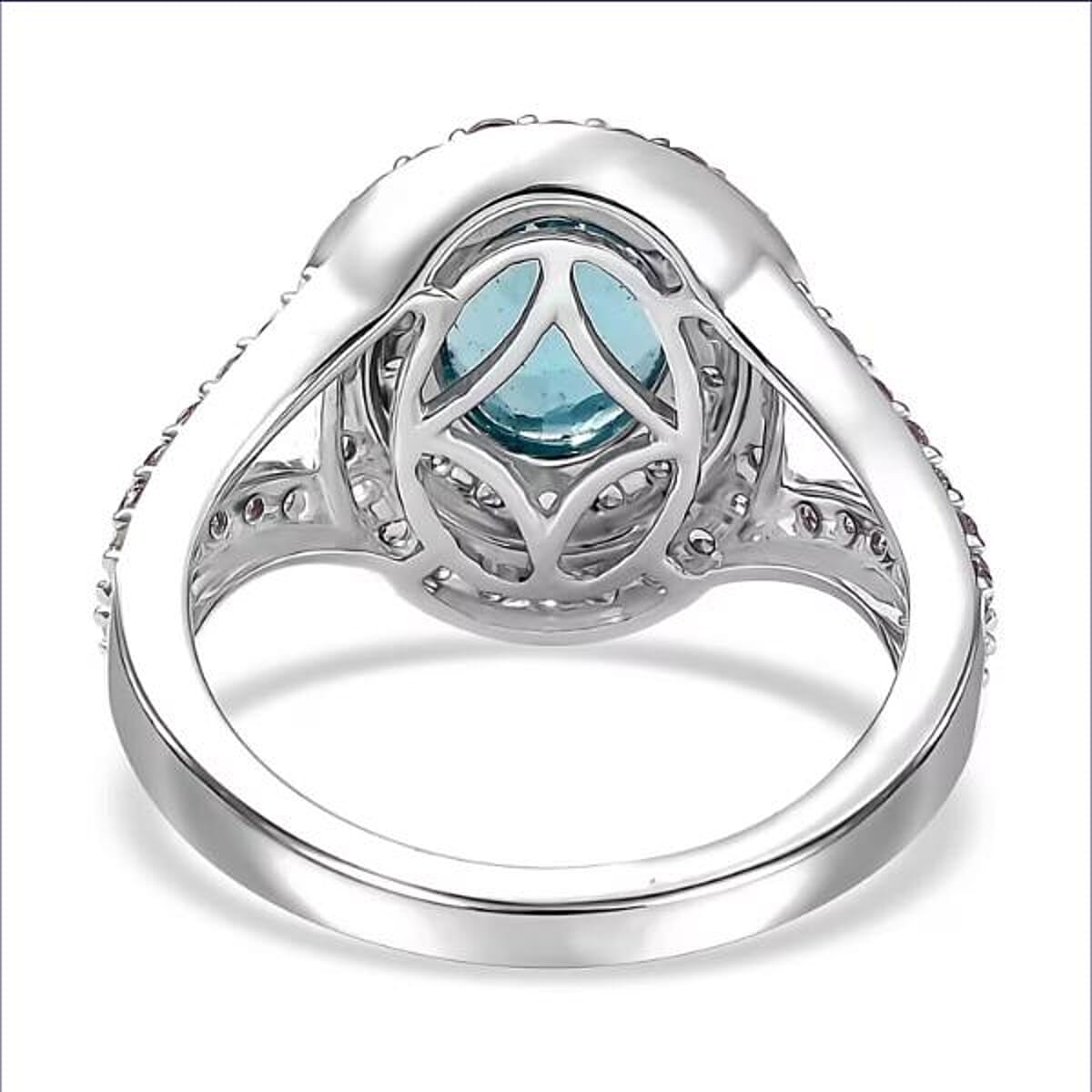 Luxoro AAA Betroka Blue Apatite, Madagascar Pink Sapphire and White Diamond I2 3.10 ctw Double Halo Ring in 10K White Gold (Size 9.0) image number 6