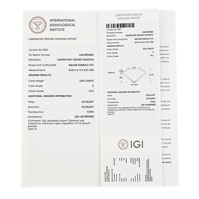  IGI Certified Luxuriant Lab Grown Diamond (Asscher) (G,VS2) 3.00 ctw