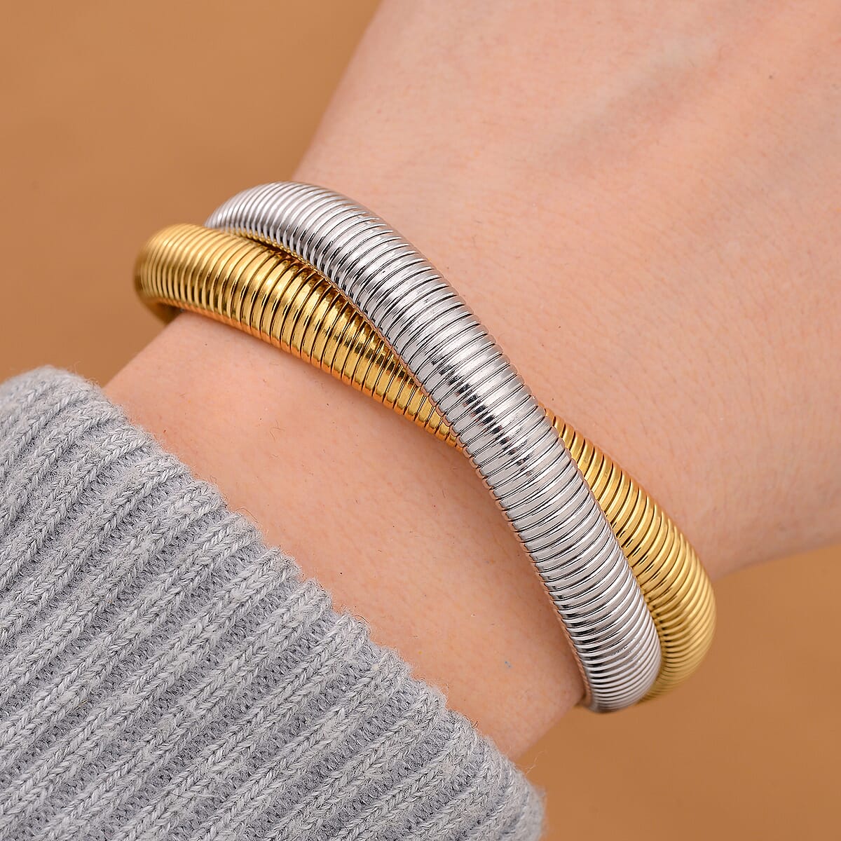Wrap Texture 2 Row Bracelet in ION Plated YG and Stainless Steel (7.50-9.50In) image number 1