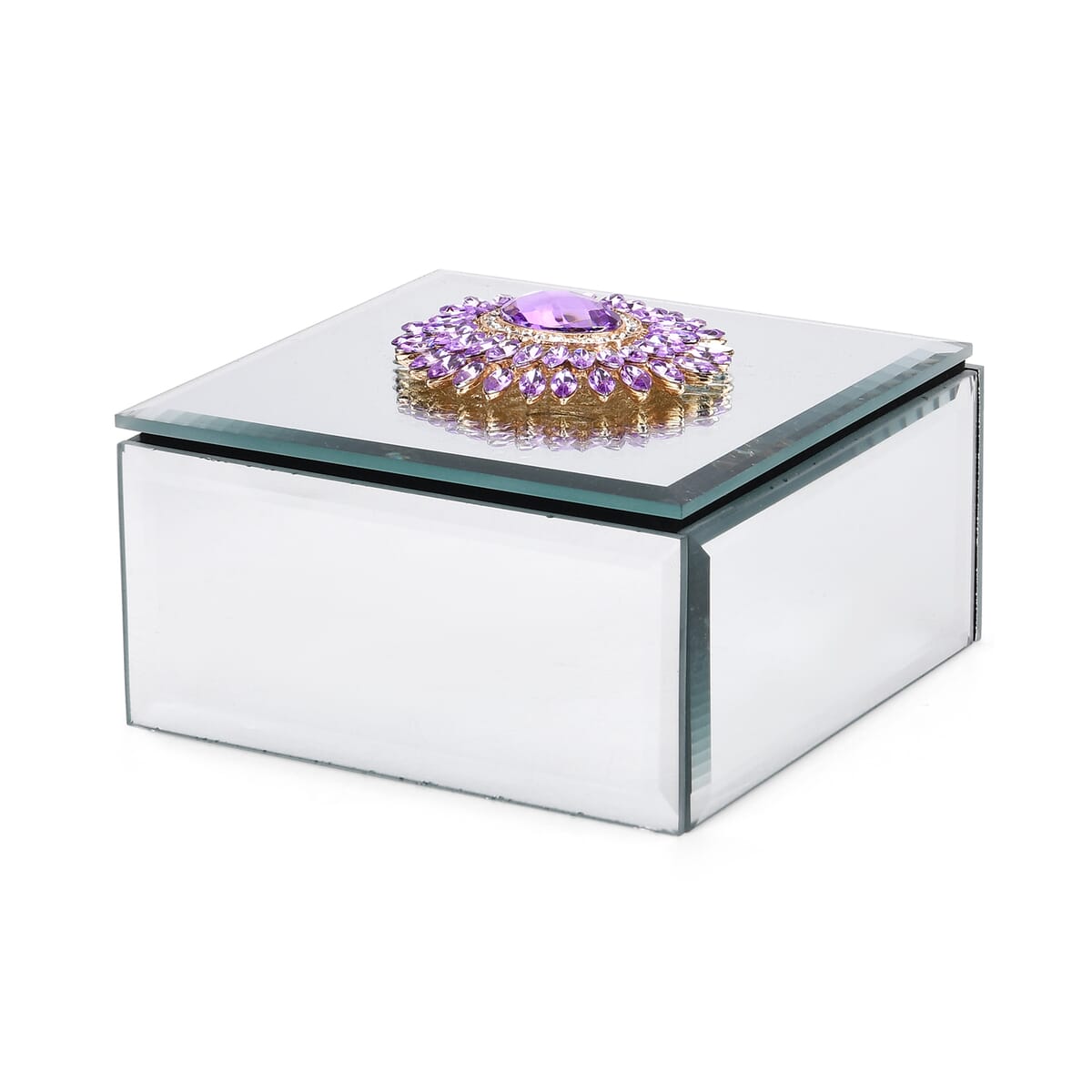 Square Glass Jewelry Box with Blue and Purple Crystal Floral on Top image number 0