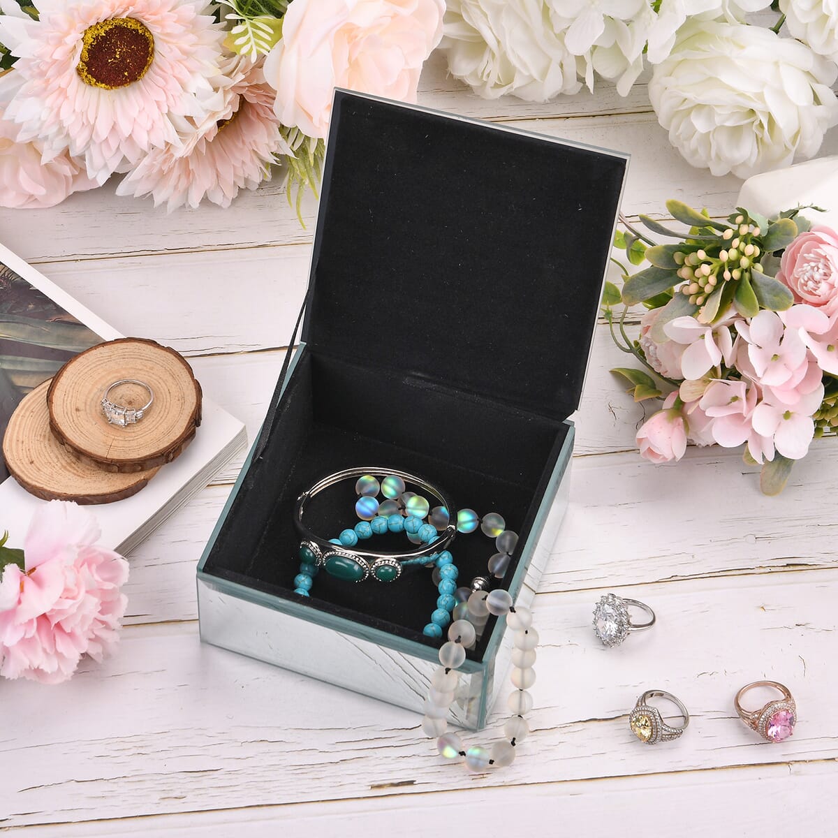 Square Glass Jewelry Box with Blue and Purple Crystal Floral on Top image number 1
