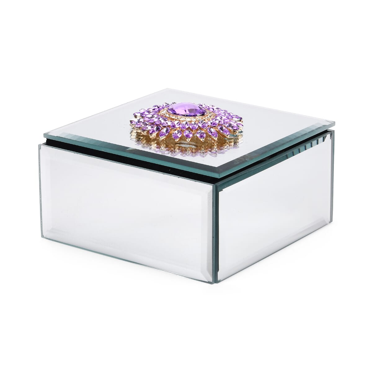 Square Glass Jewelry Box with Blue and Purple Crystal Floral on Top image number 2