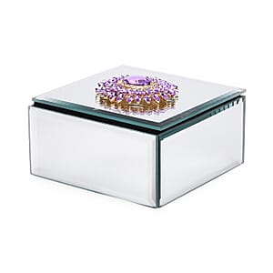 Doorbuster Square Glass Jewelry Box with Blue and Purple Crystal Floral on Top