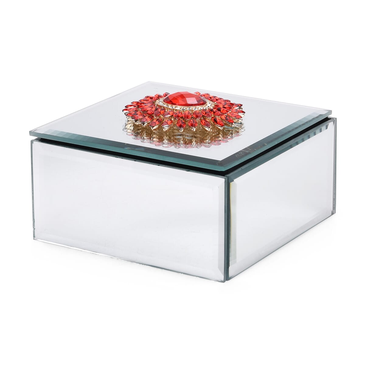Square Glass Jewelry Box with Silver and Red Crystal Feather on Top image number 0