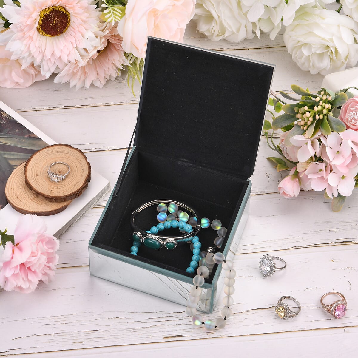 Square Glass Jewelry Box with Silver and Red Crystal Feather on Top image number 1