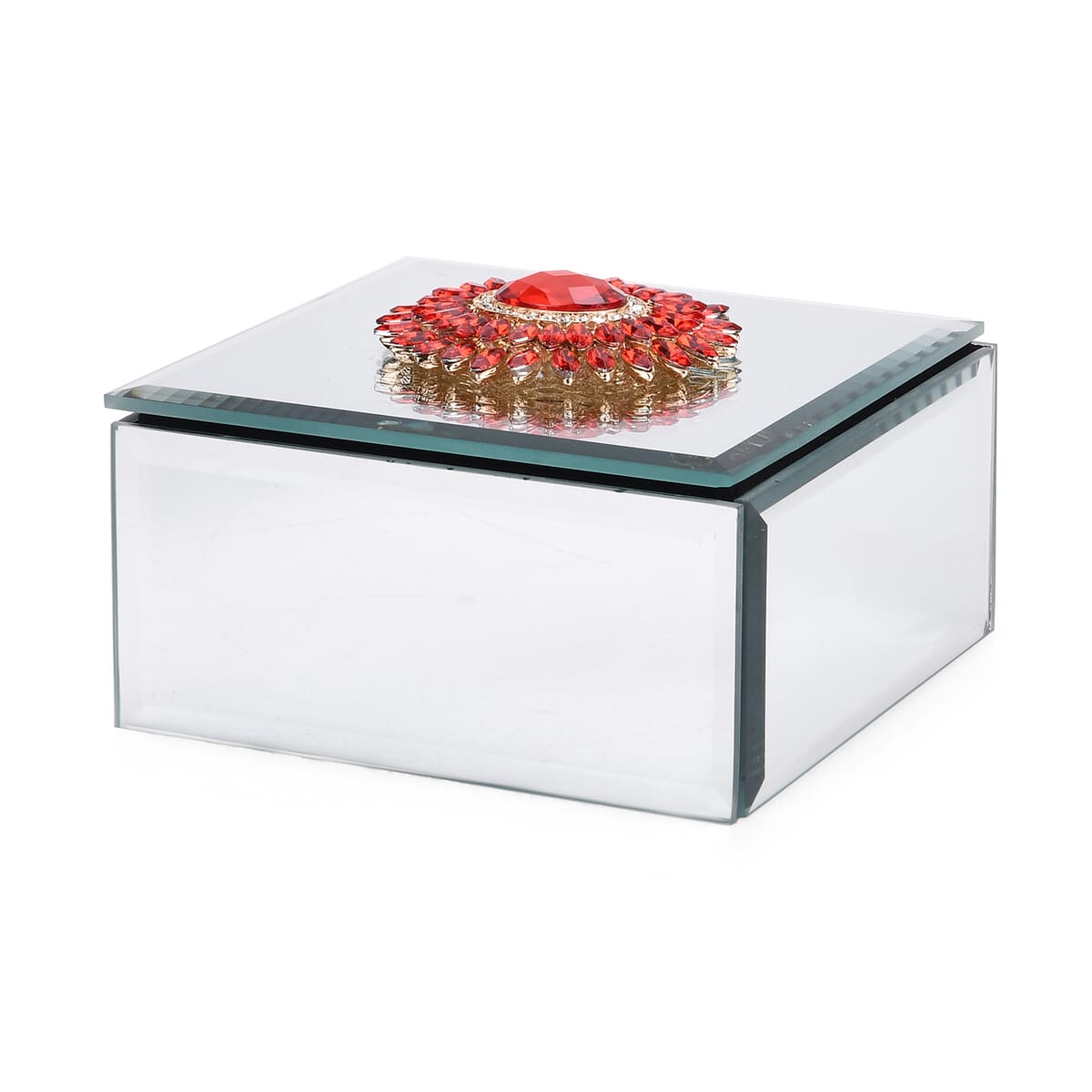 Square Glass Jewelry Box with Silver and Red Crystal Feather on Top image number 2