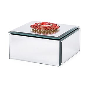 Livmore Square Glass Jewelry Box with Silver and Red Crystal Feather on Top