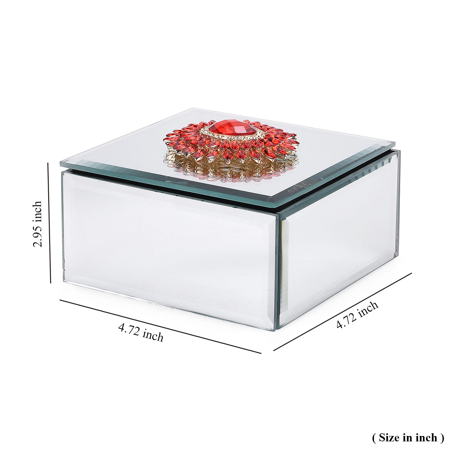 Livmore Square Glass Jewelry Box with Silver and Red Crystal Feather on Top