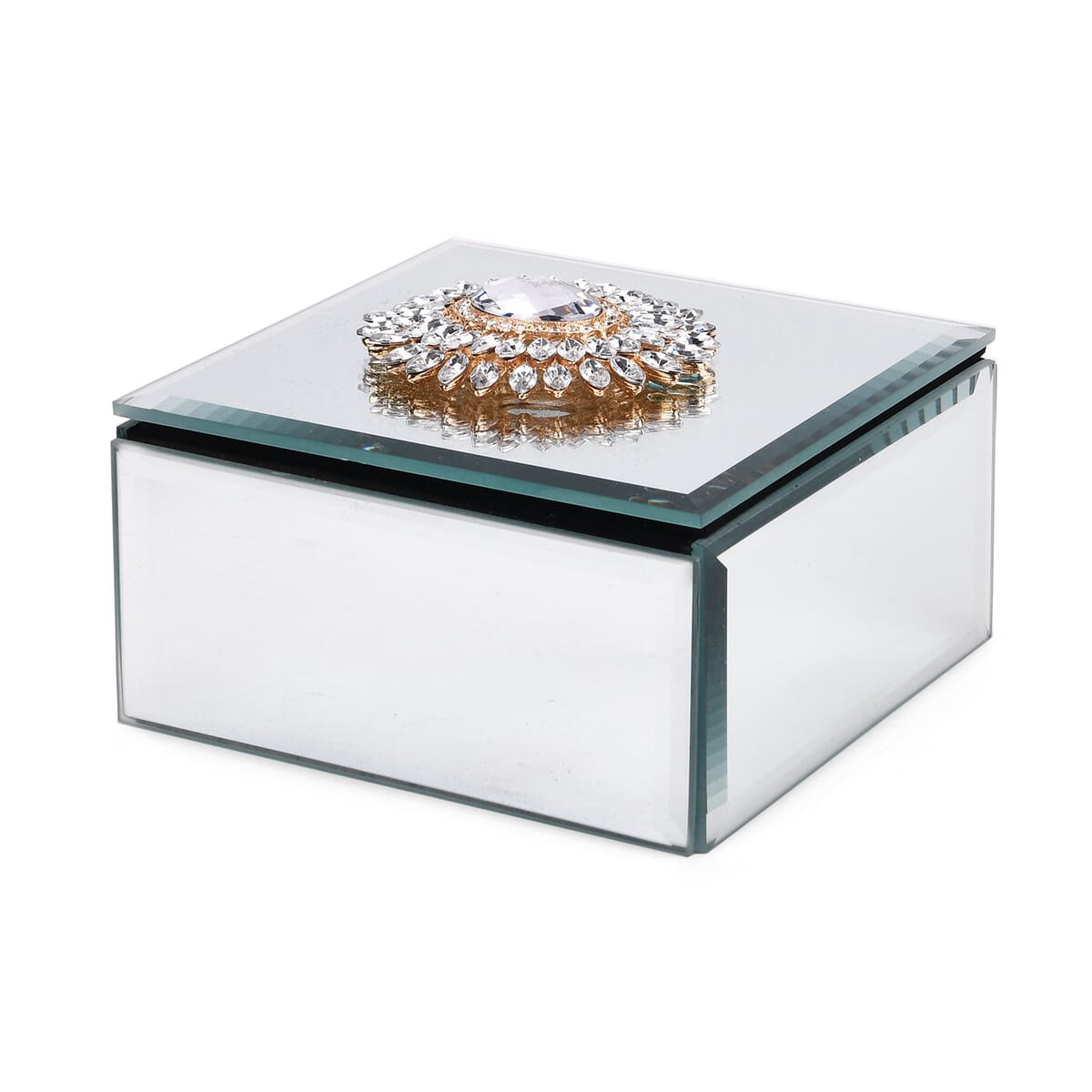 Square Glass Jewelry Box with Silver and White Crystal Floral on Top image number 0