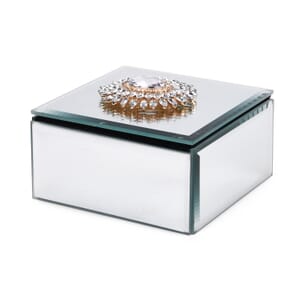 Square Glass Jewelry Box with Silver and White Crystal Floral on Top