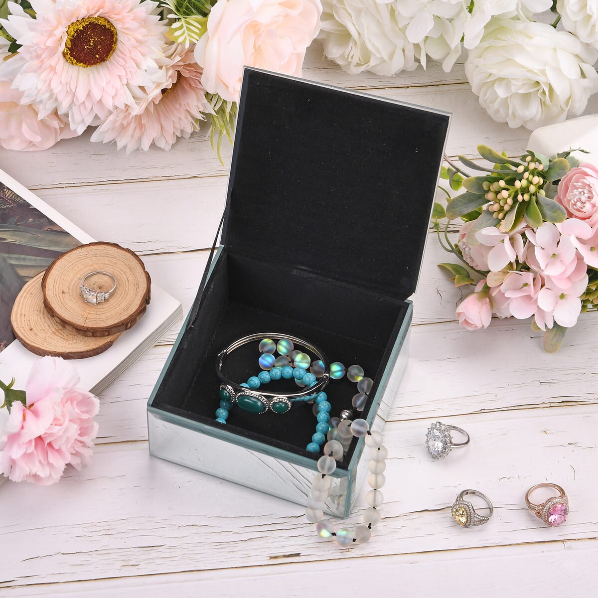 Square Glass Jewelry Box with Silver and White Crystal Floral on Top image number 1