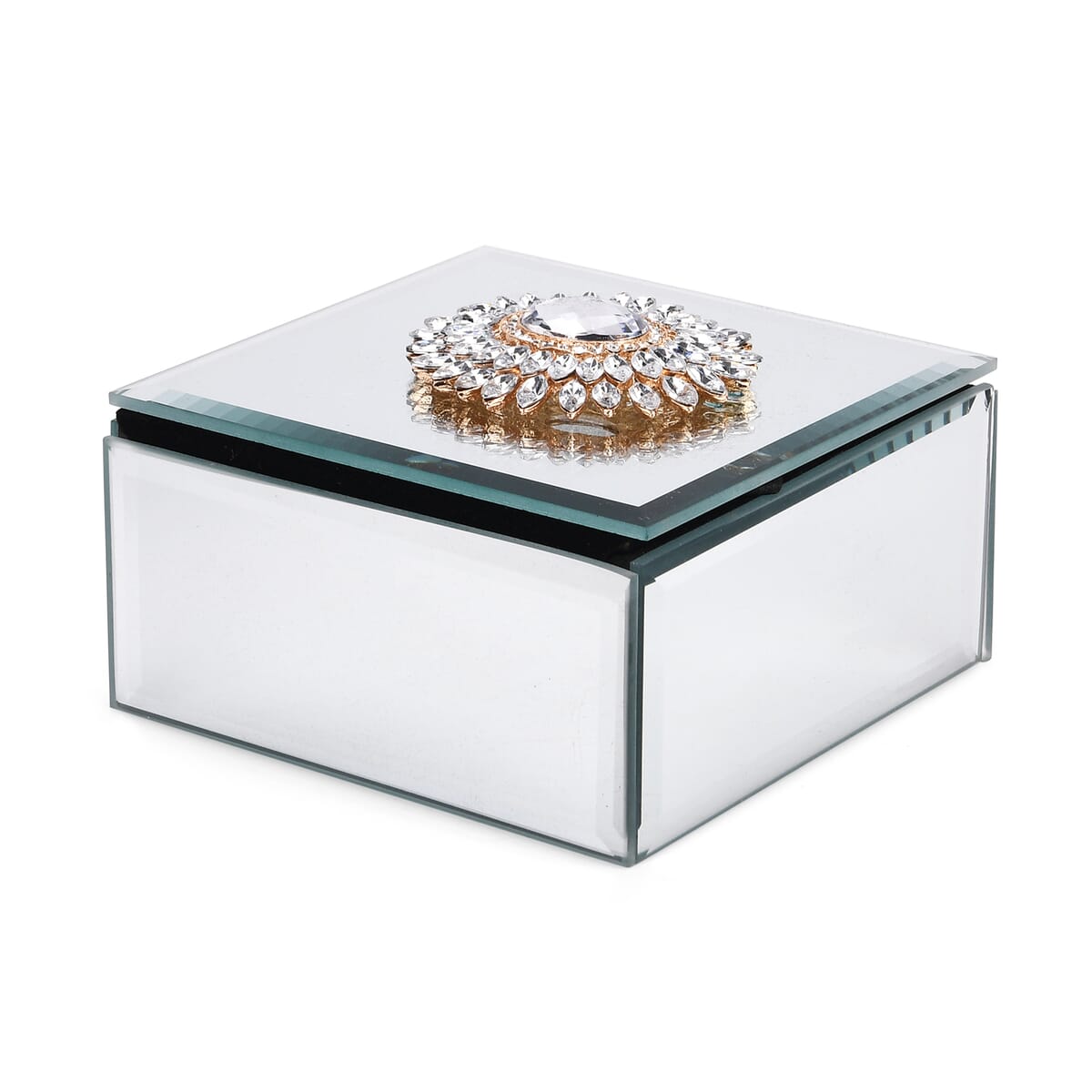 Square Glass Jewelry Box with Silver and White Crystal Floral on Top image number 2