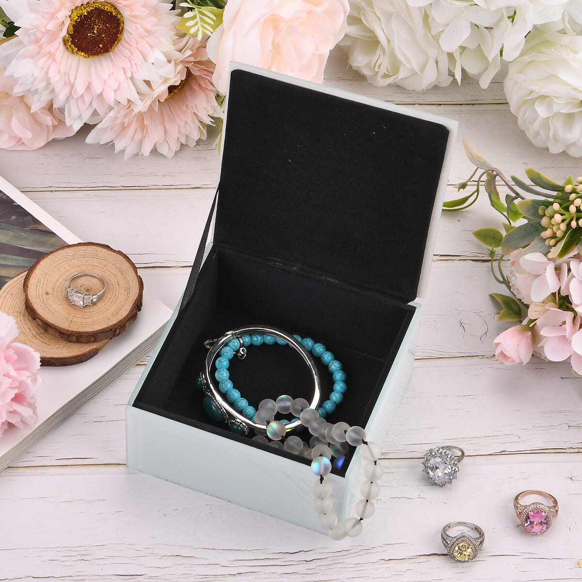 Square Glass Jewelry Box with Silver and Black Crystal Floral on Top image number 1