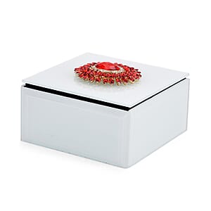  Square Glass Jewelry Box with Silver and Red Crystal Floral on Top