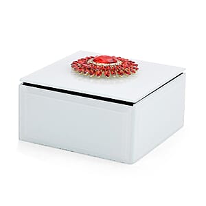  Square Glass Jewelry Box with Silver and Red Crystal Floral on Top