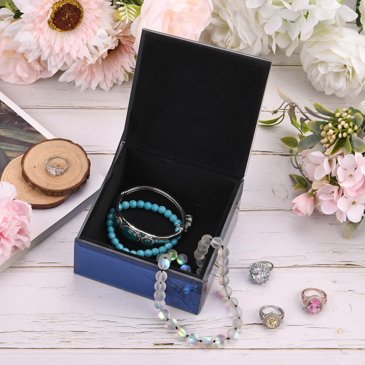 Square Glass Jewelry Box with Sapphire Blue and Purple Crystal Floral on Top image number 1