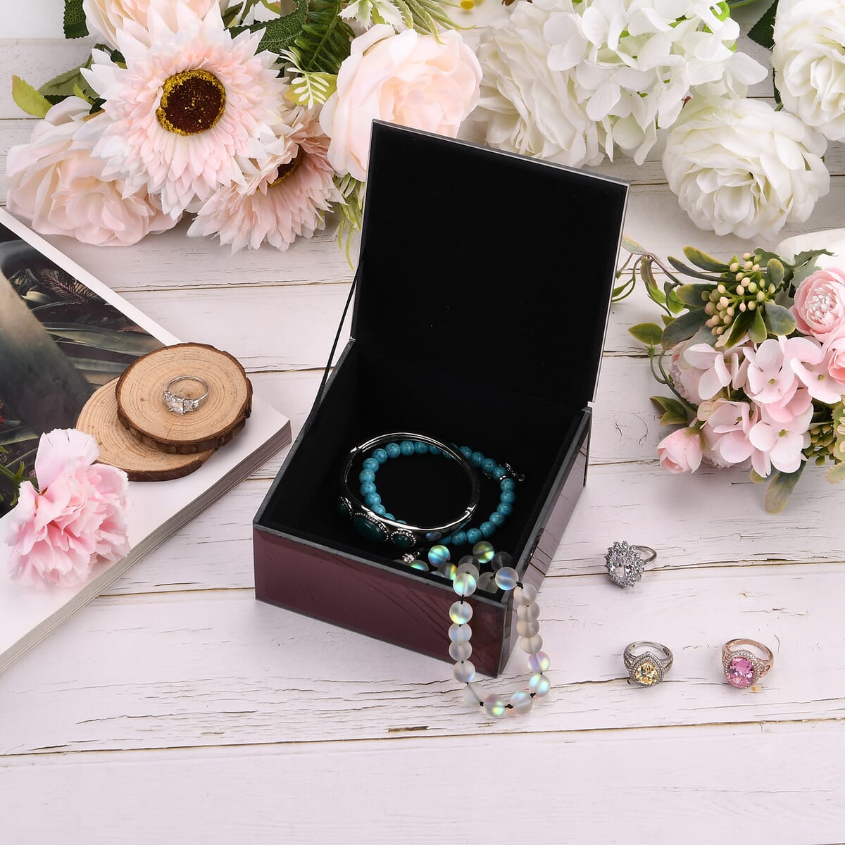 Square Glass Jewelry Box with Wine Red and Purple Crystal Floral on Top image number 1